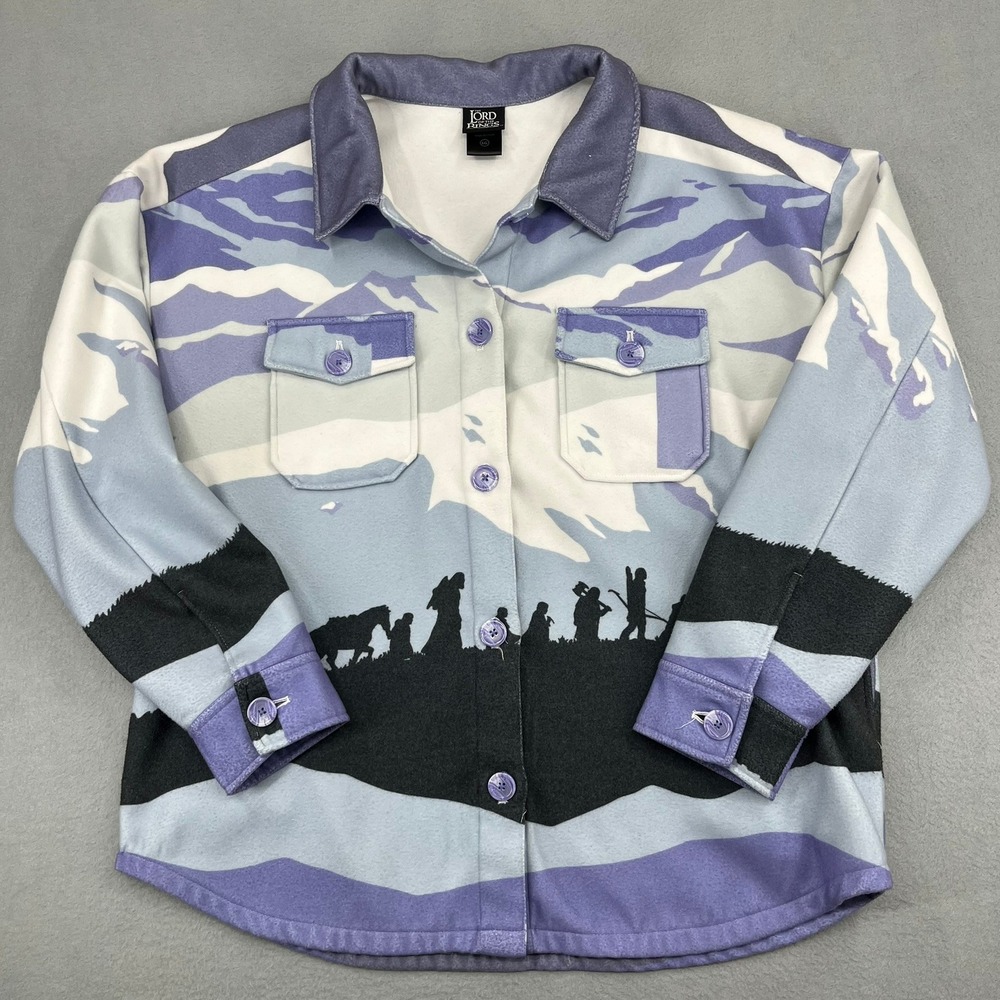 Lord of the Rings Fellowship Mountain Silhouette Fleece Shirt Mens Large Purple